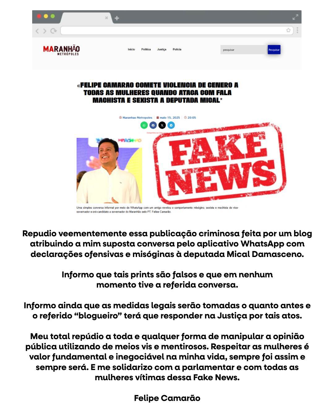 Felipe Camarão é alvo de trama orquestrada por fake news em site apócrifo