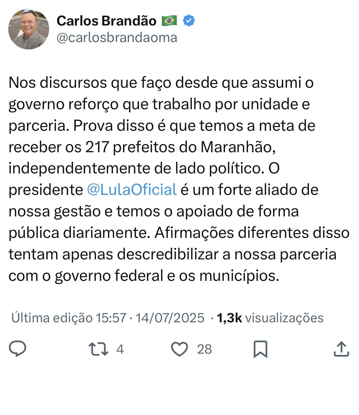Lula deixa Carlos Brandão no vácuo após declaração de parceria nas redes sociais