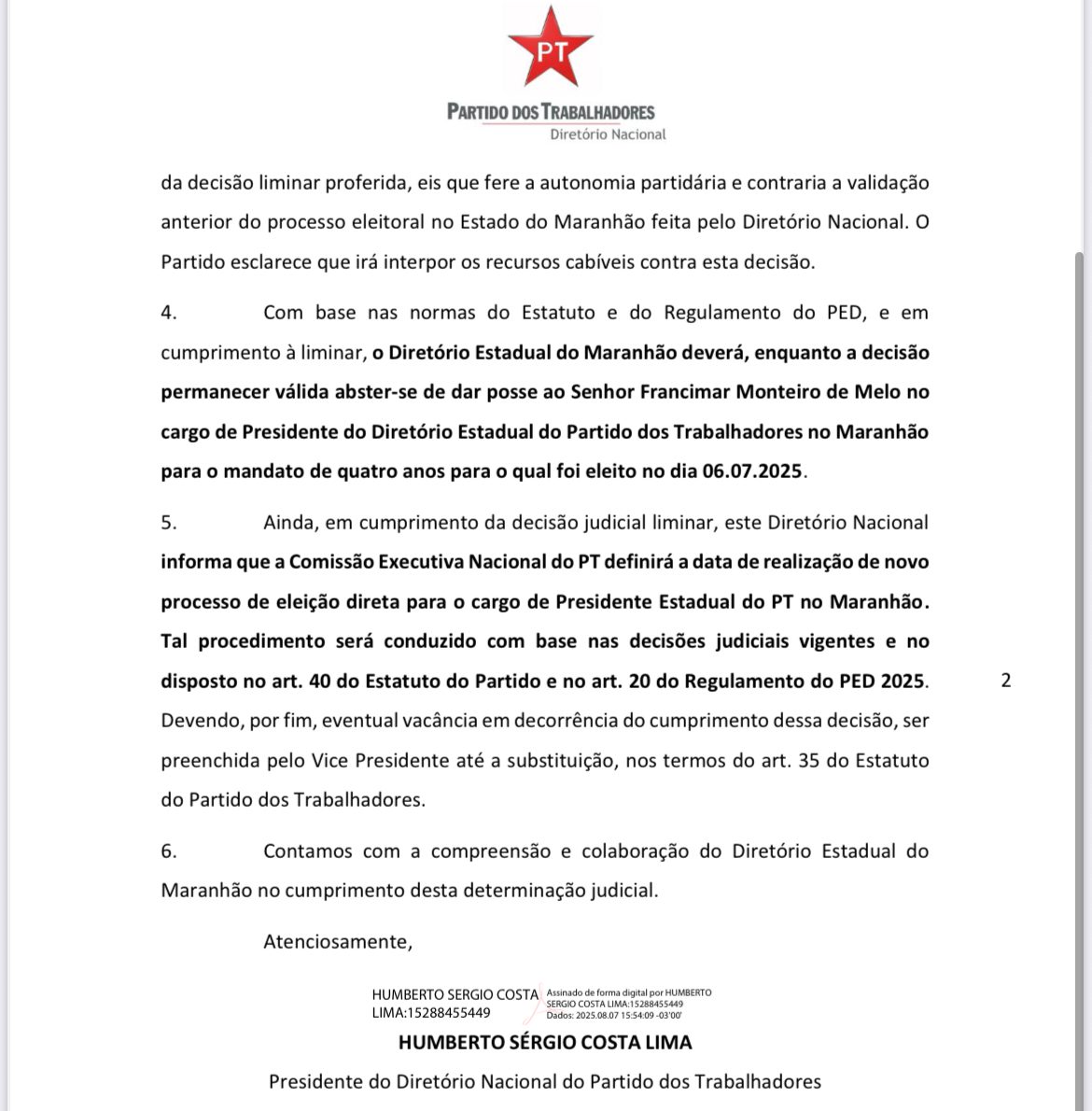 PT Nacional acata decisão judicial e suspende posse de presidente estadual no Maranhão