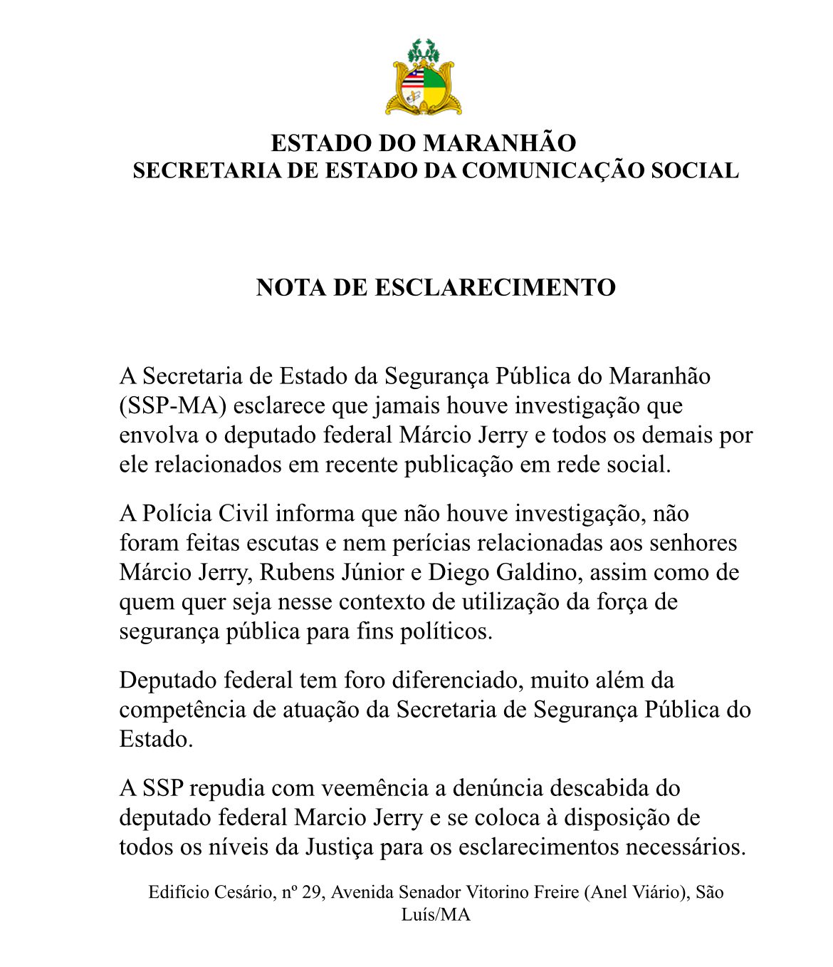 Secretaria de Segurança pede direito de resposta ao Blog do Filipe Mota e nega investigação contra deputados