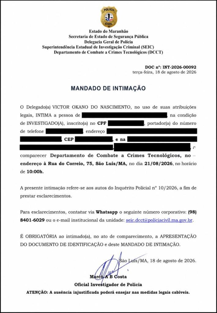 Interferência na investigação da PF ? Blogueiro que especulou sobre interferência do senador Weverton em investigação federal é intimado pela Polícia Civil do Maranhão