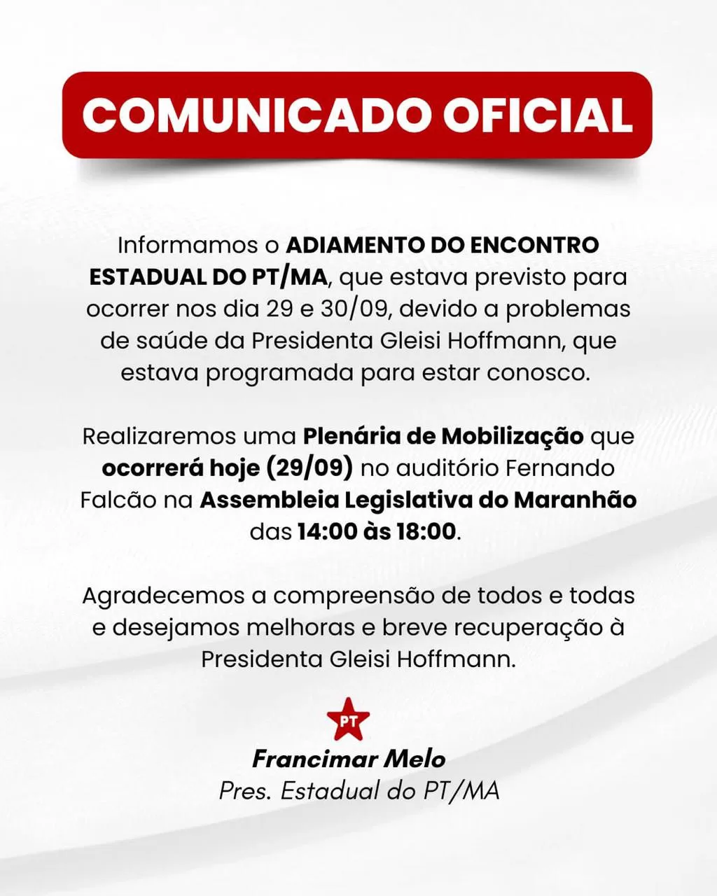 Encontro Partidário do PT Estadual no Maranhão é adiado