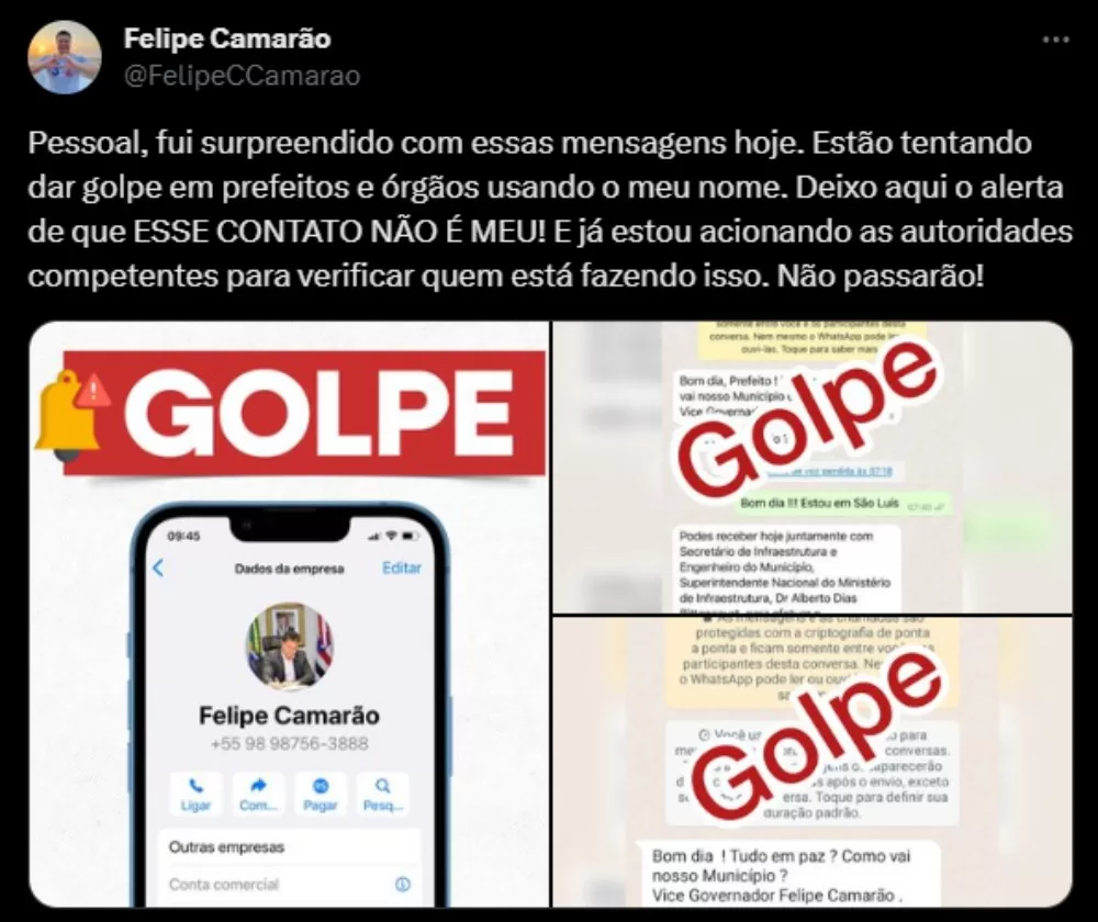 Vice-Governador Felipe Camarão alerta para golpes em seu nome pelo WhatsApp e Polícia Investiga
