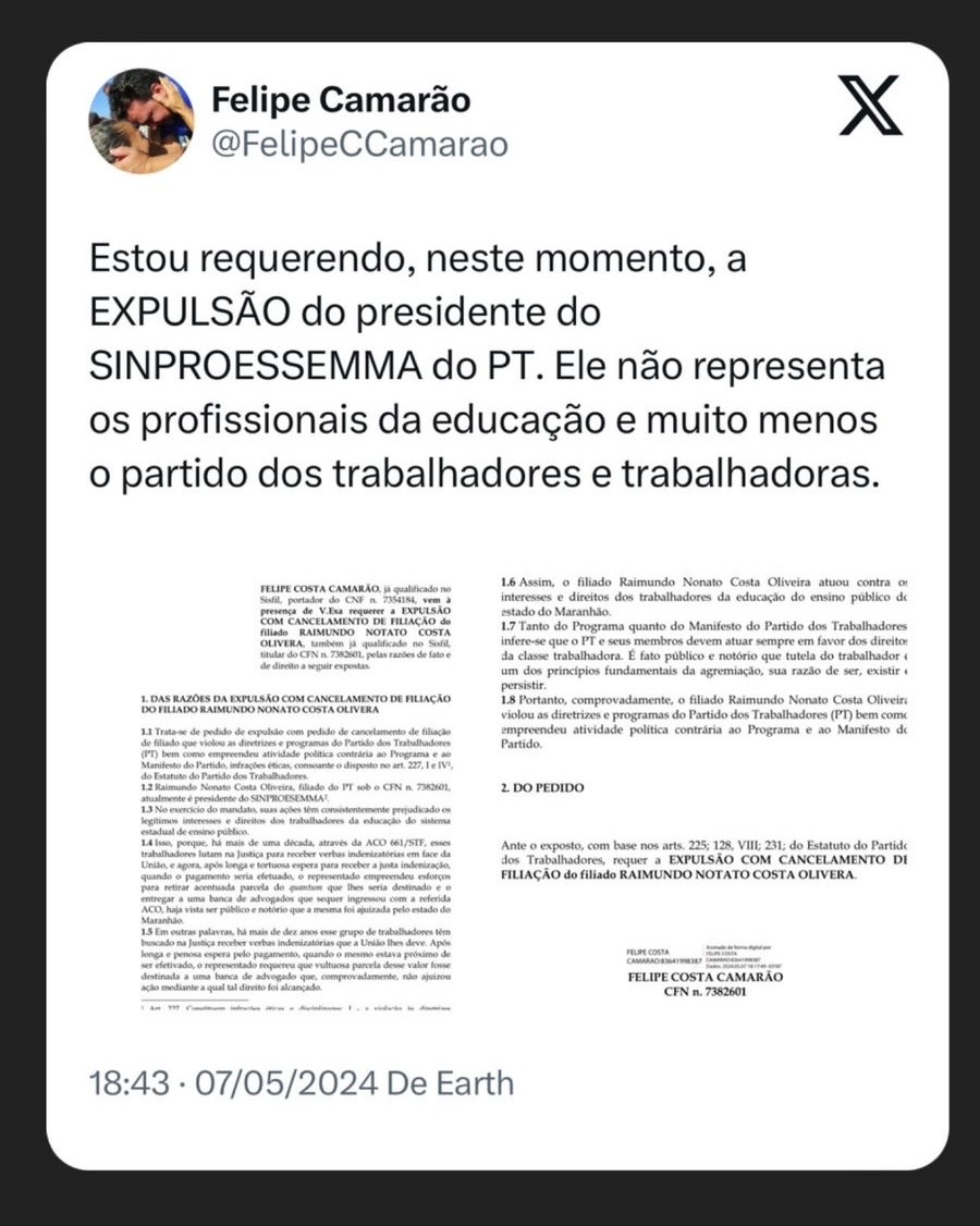 Felipe Camarão solicita expulsão do presidente do SINPROESSEMA do PT
